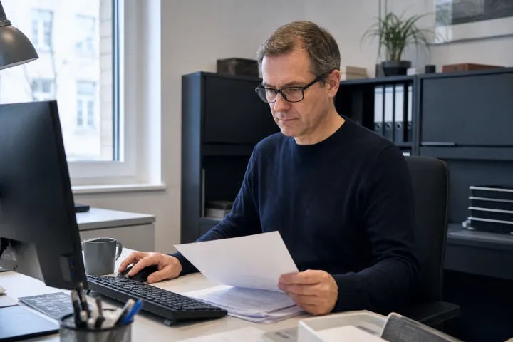 Person arbeitet konzentriert am Computer, daneben liegen Unterlagen.