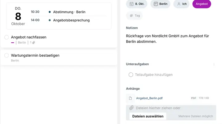 KUKANILEA-Arbeitsansicht Mein Tag mit dem Termin Abstimmung Berlin um 10:30, der Aufgabe Angebot nachfassen sowie Notiz und Angebotsunterlage.