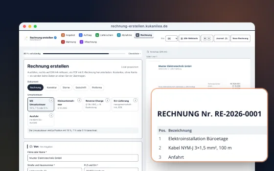 Eine Beispielrechnung der Muster Elektrotechnik GmbH: links das Formular, rechts die Rechnung auf DIN A4, davor vergrößert Positionen und Summe.