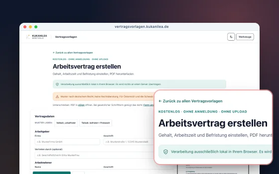 Die Vertragsvorlagen mit einem geöffneten Arbeitsvertrag, davor vergrößert der Vertragstext.